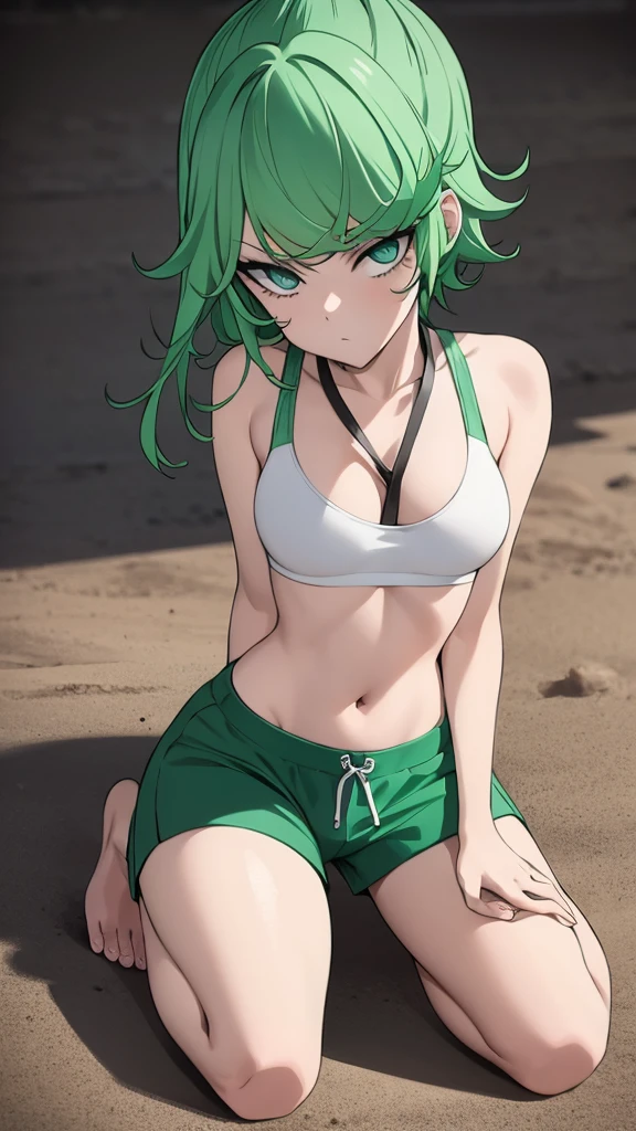 green hair,green eyes,crawl,kneel,(leash) in tight green dolphin shorts and a green sports bra
