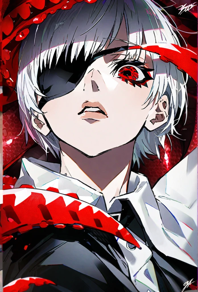 ```
Ken Kaneki, Tokyo Ghoul, white hair, black outfit, eyepatch, half-ghoul, serious expression, red kakugan eye, kagune tentacles, detailed face, high quality
```