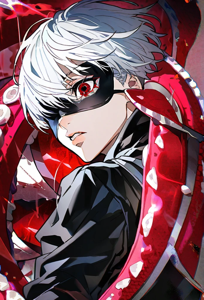 ```
Ken Kaneki, Tokyo Ghoul, white hair, black outfit, eyepatch, half-ghoul, serious expression, red kakugan eye, kagune tentacles, detailed face, high quality
```