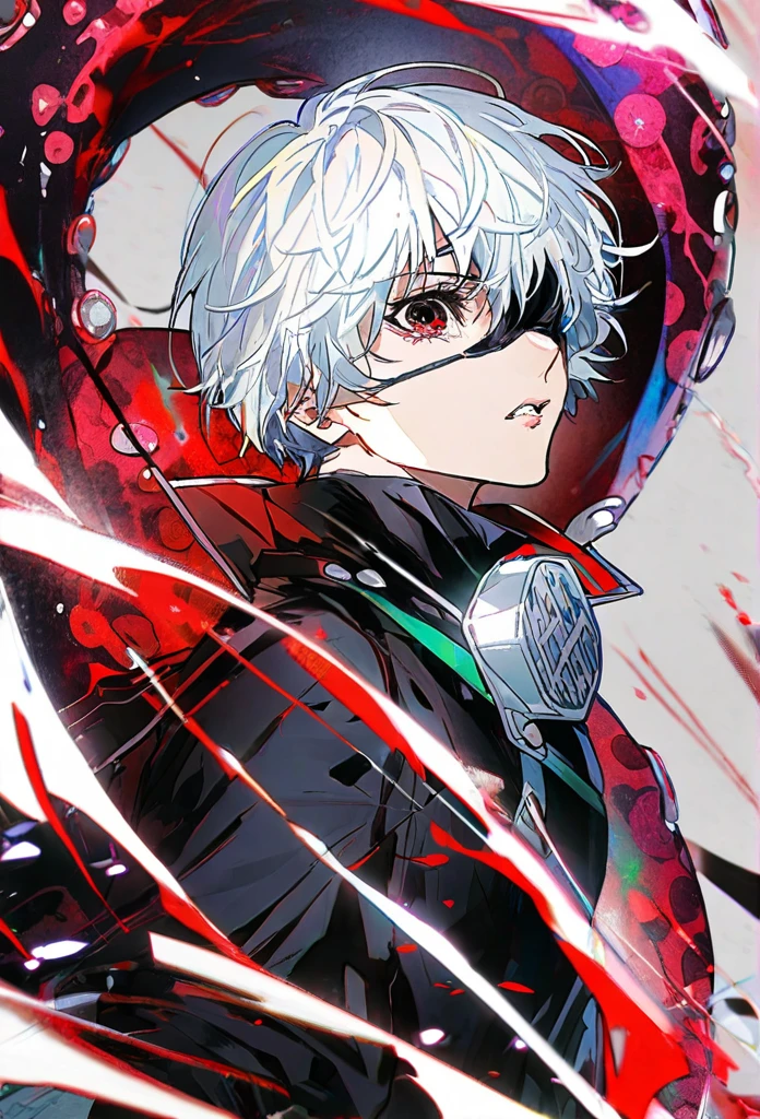 ```
Ken Kaneki, Tokyo Ghoul, white hair, black outfit, eyepatch, half-ghoul, serious expression, red kakugan eye, kagune tentacles, detailed face, high quality
```