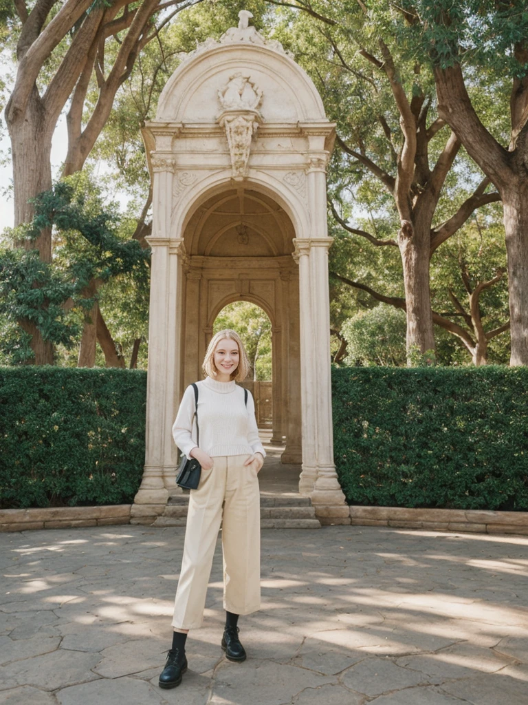 her name is Elle, high quality, 1girl, ((20-year-old fit Caucasian woman)), ((20 years old)), ((fit)), ((pale skin)), short bob blonde hair , wearing Cream Oversized Sweater Vest + High-Waisted Burgundy Plaid Culottes, pose: standing, background: Describe the scenic beauty of Balboa Park in San Diego, with its Spanish Renaissance architecture, lush gardens, and world-class museums.