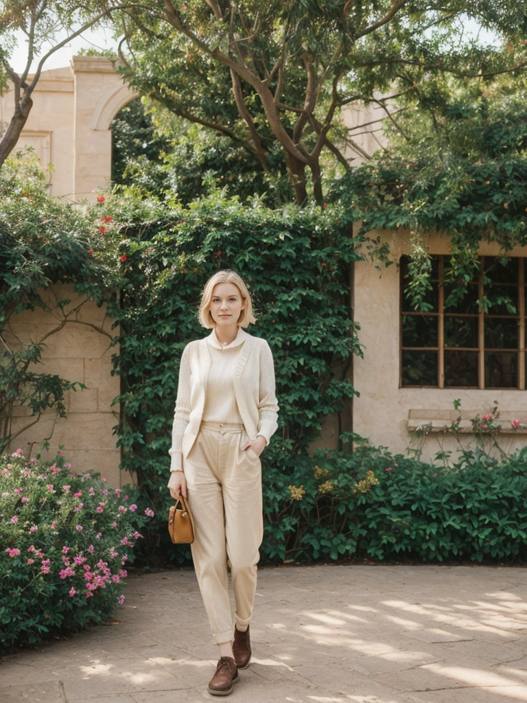 her name is Elle, high quality, 1girl, ((20-year-old fit Caucasian woman)), ((20 years old)), ((fit)), ((pale skin)), short bob blonde hair , wearing Cream Oversized Sweater Vest + High-Waisted Burgundy Plaid Culottes, pose: standing, background: Describe the scenic beauty of Balboa Park in San Diego, with its Spanish Renaissance architecture, lush gardens, and world-class museums.