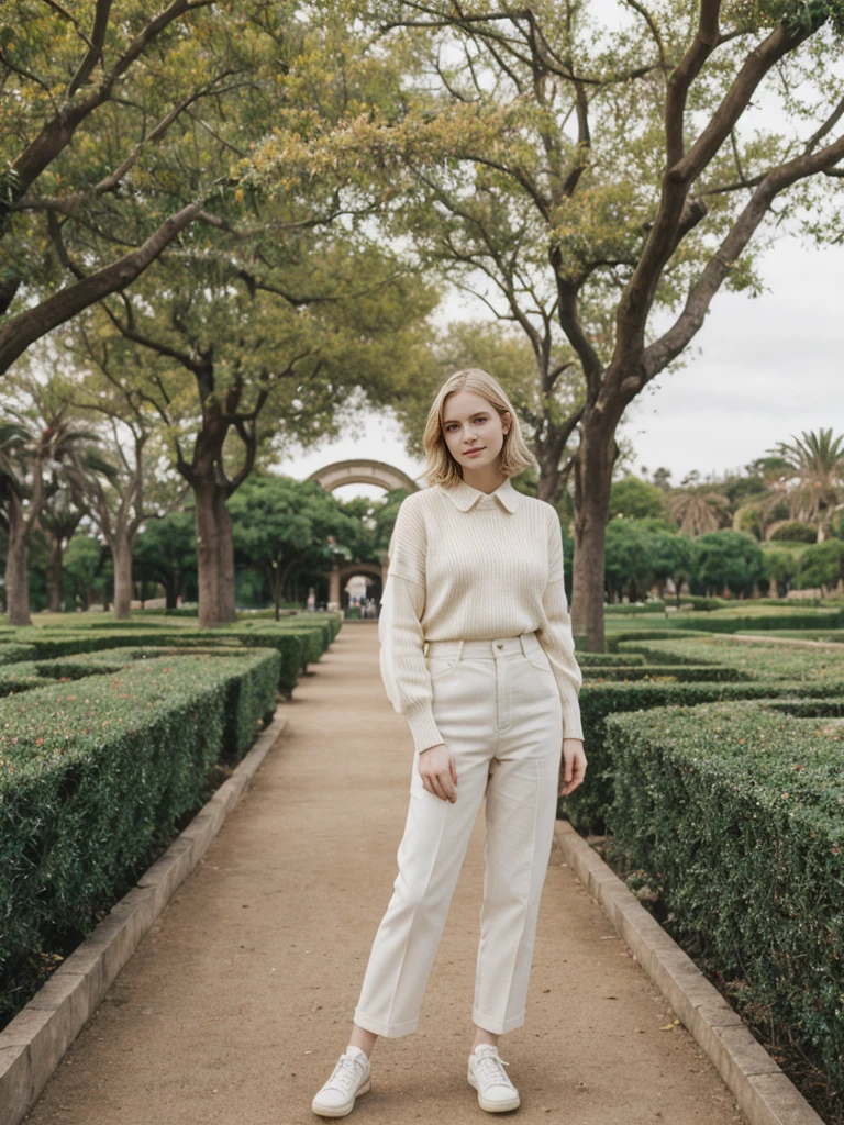 her name is Elle, high quality, 1girl, ((20-year-old fit Caucasian woman)), ((20 years old)), ((fit)), ((pale skin)), short bob blonde hair , wearing Cream Oversized Sweater Vest + High-Waisted Burgundy Plaid Culottes, pose: standing, background: Describe the scenic beauty of Balboa Park in San Diego, with its Spanish Renaissance architecture, lush gardens, and world-class museums.