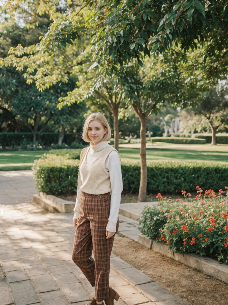 her name is Elle, high quality, 1girl, ((20-year-old fit Caucasian woman)), ((20 years old)), ((fit)), ((pale skin)), short bob blonde hair , wearing Cream Oversized Sweater Vest + High-Waisted Burgundy Plaid Culottes, pose: standing, background: Describe the scenic beauty of Balboa Park in San Diego, with its Spanish Renaissance architecture, lush gardens, and world-class museums.
