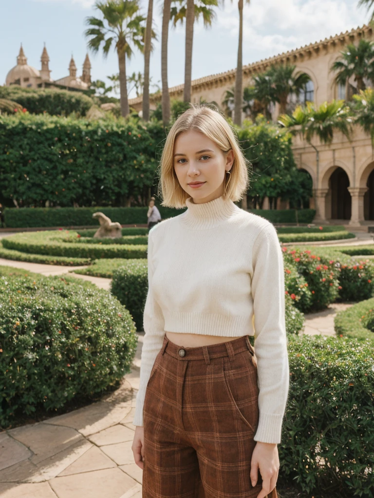 her name is Elle, high quality, 1girl, ((20-year-old fit Caucasian woman)), ((20 years old)), ((fit)), ((pale skin)), short bob blonde hair , wearing Cream Oversized Sweater Vest + High-Waisted Burgundy Plaid Culottes, pose: standing, background: Describe the scenic beauty of Balboa Park in San Diego, with its Spanish Renaissance architecture, lush gardens, and world-class museums.