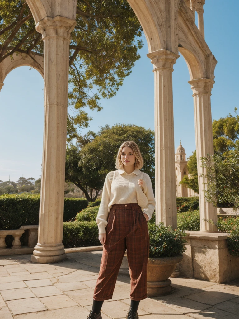 her name is Elle, high quality, 1girl, ((20-year-old fit Caucasian woman)), ((20 years old)), ((fit)), ((pale skin)), short bob blonde hair , wearing Cream Oversized Sweater Vest + High-Waisted Burgundy Plaid Culottes, pose: standing, background: Describe the scenic beauty of Balboa Park in San Diego, with its Spanish Renaissance architecture, lush gardens, and world-class museums.