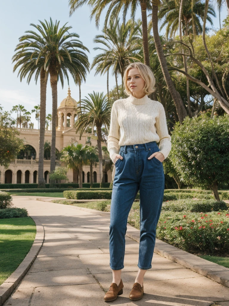 her name is Elle, high quality, 1girl, ((20-year-old fit Caucasian woman)), ((20 years old)), ((fit)), ((pale skin)), short bob blonde hair , wearing Cream Oversized Sweater Vest + High-Waisted Burgundy Plaid Culottes, pose: standing, background: Describe the scenic beauty of Balboa Park in San Diego, with its Spanish Renaissance architecture, lush gardens, and world-class museums.
