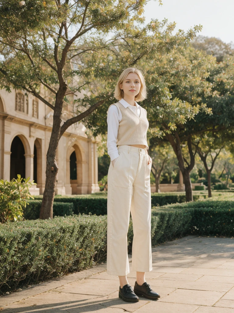 her name is Elle, high quality, 1girl, ((20-year-old fit Caucasian woman)), ((20 years old)), ((fit)), ((pale skin)), short bob blonde hair , wearing Cream Oversized Sweater Vest + High-Waisted Burgundy Plaid Culottes, pose: standing, background: Describe the scenic beauty of Balboa Park in San Diego, with its Spanish Renaissance architecture, lush gardens, and world-class museums.