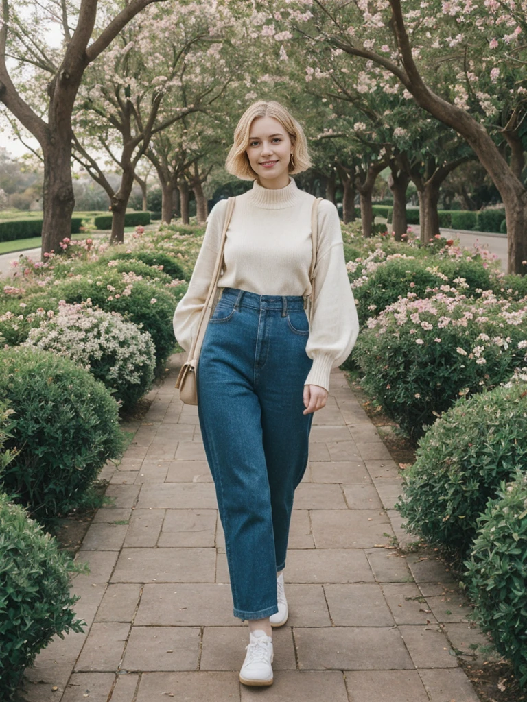 her name is Elle, high quality, 1girl, ((20-year-old fit Caucasian woman)), ((20 years old)), ((fit)), ((pale skin)), short bob blonde hair , wearing Cream Oversized Sweater Vest + High-Waisted Burgundy Plaid Culottes, pose: standing, background: Describe the scenic beauty of Balboa Park in San Diego, with its Spanish Renaissance architecture, lush gardens, and world-class museums.