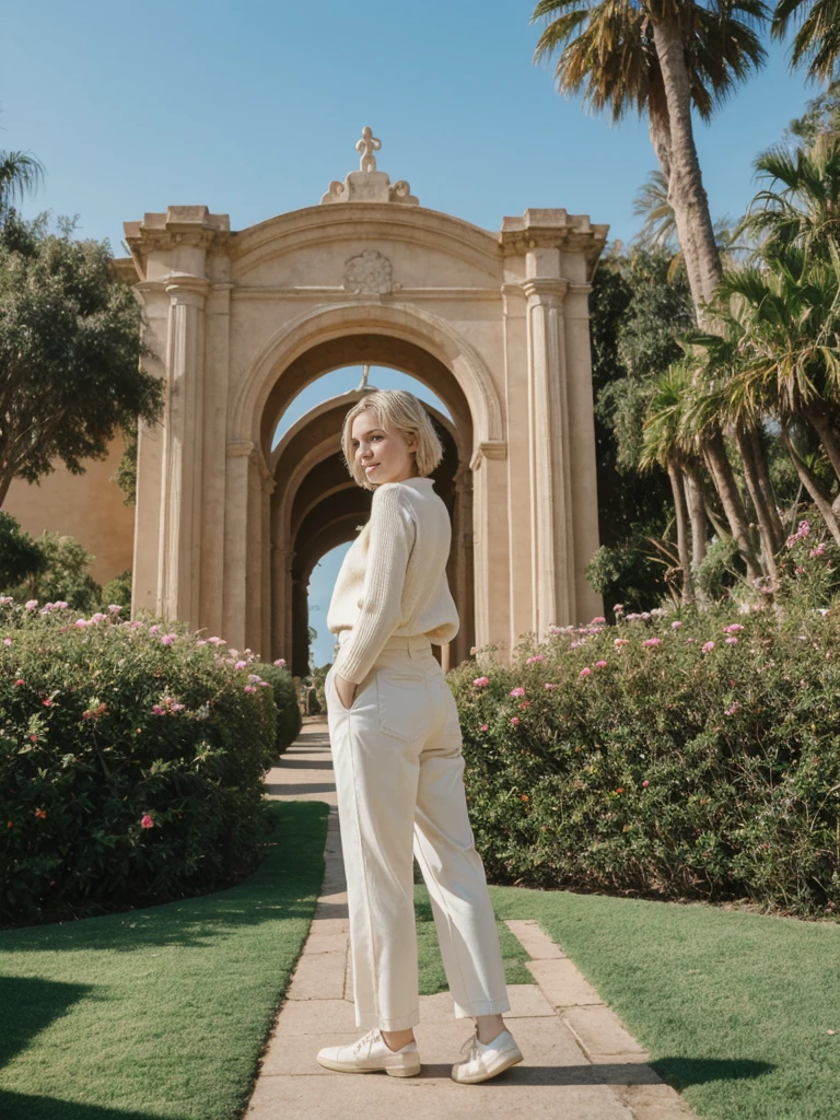 her name is Elle, high quality, 1girl, ((20-year-old fit Caucasian woman)), ((20 years old)), ((fit)), ((pale skin)), short bob blonde hair , wearing Cream Oversized Sweater Vest + High-Waisted Burgundy Plaid Culottes, pose: standing, background: Describe the scenic beauty of Balboa Park in San Diego, with its Spanish Renaissance architecture, lush gardens, and world-class museums.