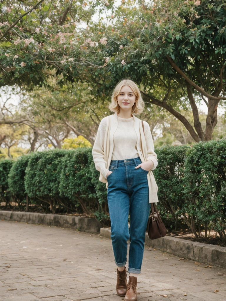 her name is Elle, high quality, 1girl, ((20-year-old fit Caucasian woman)), ((20 years old)), ((fit)), ((pale skin)), short bob blonde hair , wearing Cream Oversized Sweater Vest + High-Waisted Burgundy Plaid Culottes, pose: standing, background: Describe the scenic beauty of Balboa Park in San Diego, with its Spanish Renaissance architecture, lush gardens, and world-class museums.