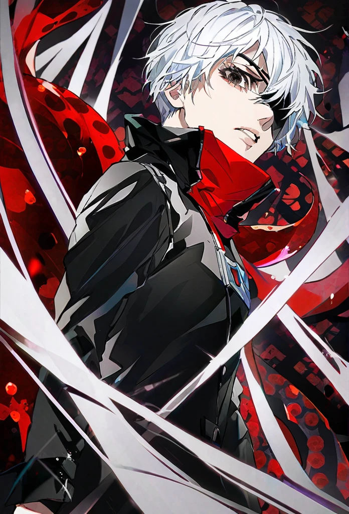 ```
Ken Kaneki, Tokyo Ghoul, white hair, black outfit, eyepatch, half-ghoul, serious expression, red kakugan eye, kagune tentacles, detailed face, high quality
```