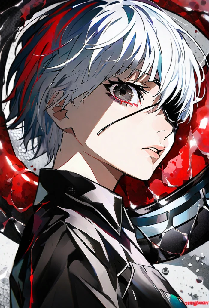 ```
Ken Kaneki, Tokyo Ghoul, white hair, black outfit, eyepatch, half-ghoul, serious expression, red kakugan eye, kagune tentacles, detailed face, high quality

```