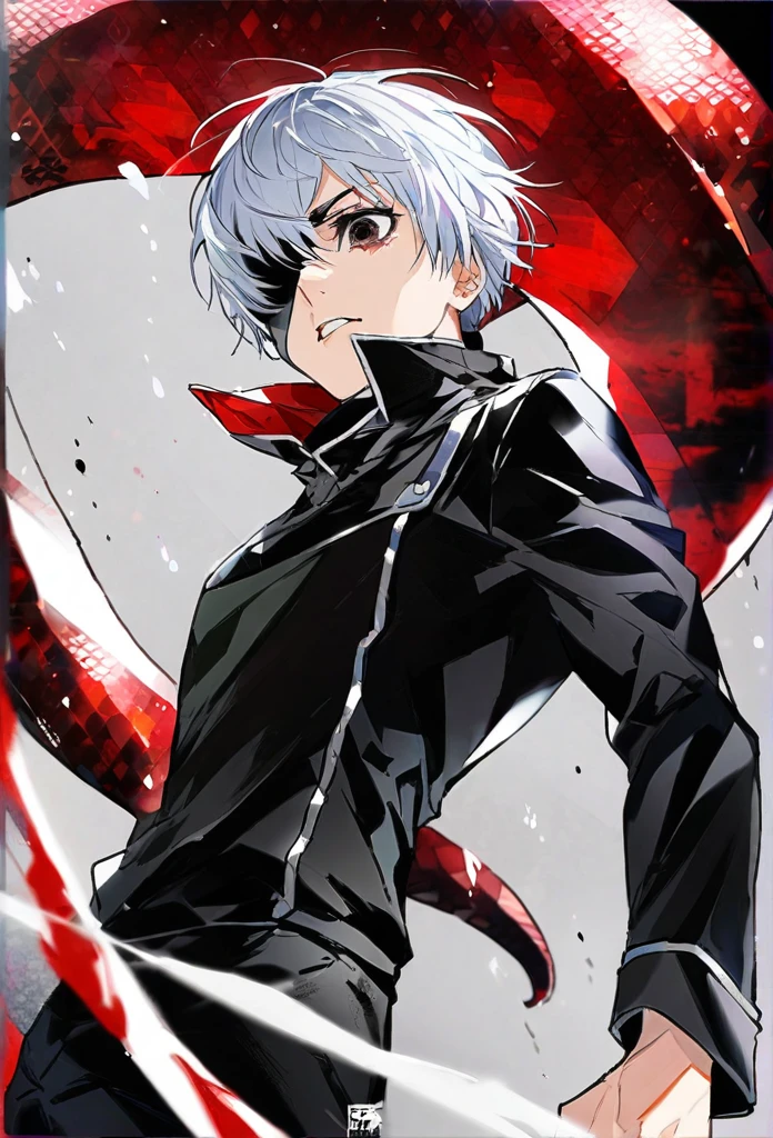 ```
Ken Kaneki, Tokyo Ghoul, white hair, black outfit, eyepatch, half-ghoul, serious expression, red kakugan eye, kagune tentacles, detailed face, high quality
```