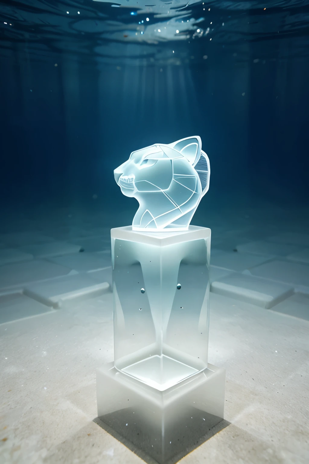 image of a transparent white glass tiger underwater, É made of glass transparente, Chess piece, made of glass, completely translucent white, You can see through your transparent skin