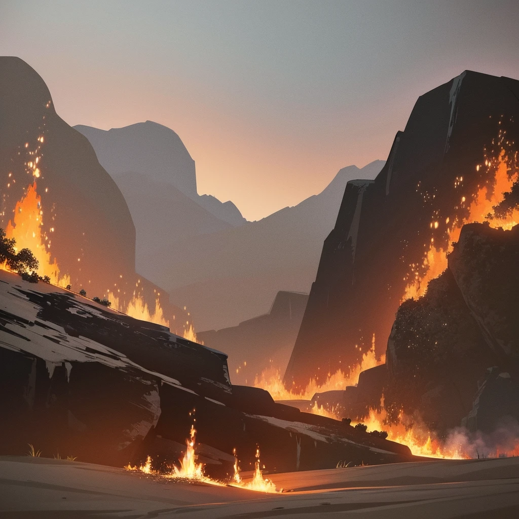 A barren battlefield with fire and smoke