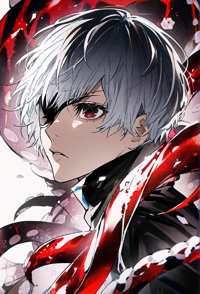 ```
Ken Kaneki, Tokyo Ghoul, white hair, black outfit, eyepatch, half-ghoul, serious expression, red kakugan eye, kagune tentacles, detailed face, high quality

```