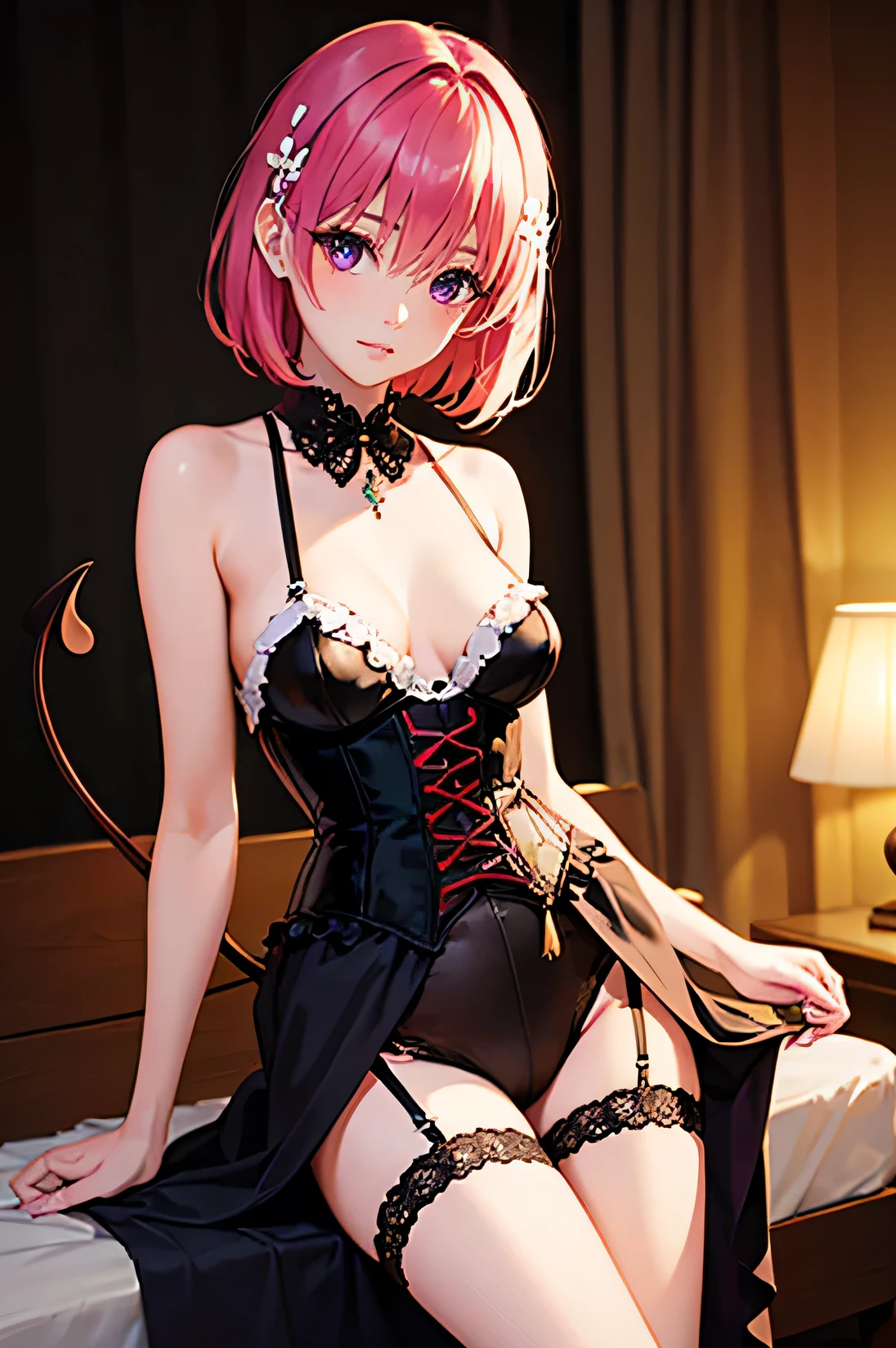 "((Momo Deviluke)), in realistic style, Mint Colored Lingerie with Garters and Corset, cinematic atmosphere, soft focus, ethereal glow, carefully posed, high resolution, mesmerizing details"demon tail,momo deviluke, demon tail, hair flower, hair ornament, (purple eyes:1.1), pink hair, short hair, tail,