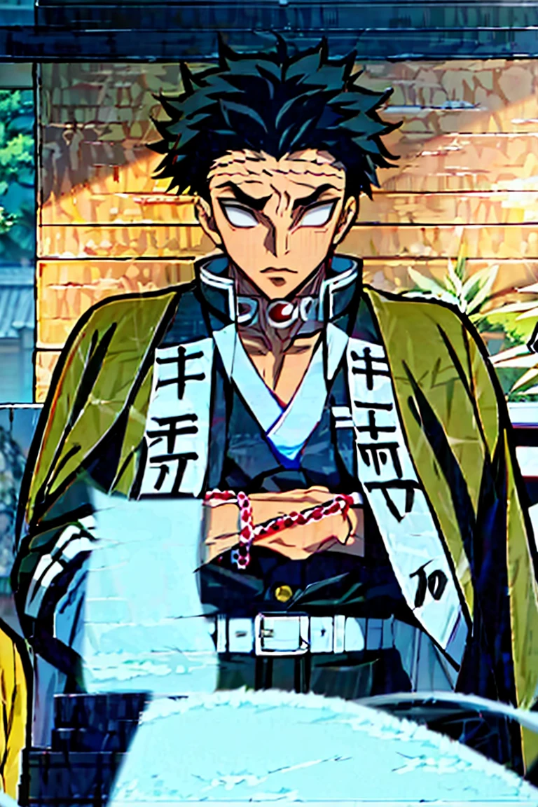 Gyomei, Mature Male, Muscular, Black Hair, (no eyes, white pupils, white eyes, blind), red Buddha beads around neck), black and white Demon Slayer uniform, Olive Green Haori/ Happi