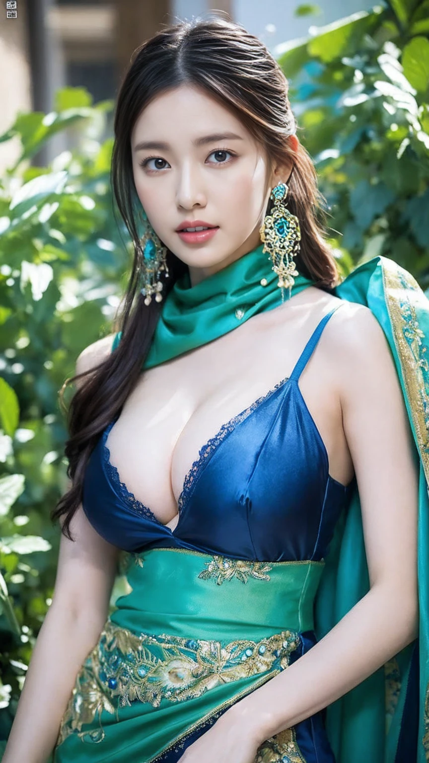 Woman in a blue dress with a long green scarf，((Large Breasts:1.3)),, Beautiful character drawings, Beautiful Fantasy Empress, Jan J, style of art gelm, art gelm and ruan jia, extremely detailed art gelm, trending art gelm, art gelm. Anime illustration, ruan jia and art gelm, Inspired by Fuhua, art gelm detailed