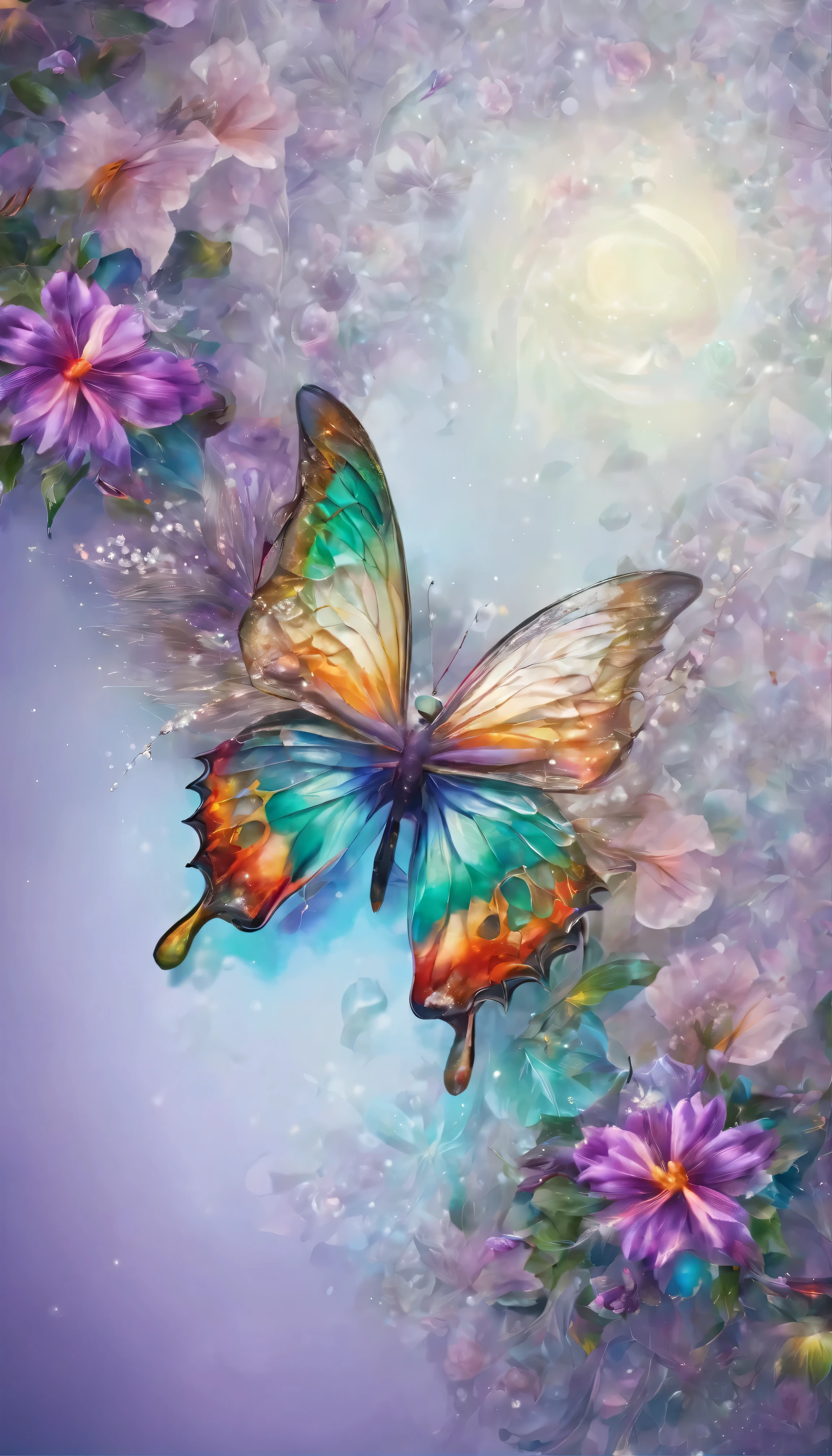 The background is blue green.,Moonlight,Everything expressed with jewels., The arrival of spring, several beautiful flowers
, Beautiful purple swallowtail butterfly,angles looking up from below, various jewels falling from the sky, wonderful and beautiful magnificent view, slightly confused, Fantastic, high resolution, 8k, (Best Quality, high resolution, realist:1.37), Shiny metallic flowers, Intricate and delicate petals., reflective surfaces, vibrant colors, intricate details, Close-up view, surreal garden, surreal beauty, dream atmosphere, Fine art, abstract botanicals, Metal sculpture, contrasting textures, ethereal glow