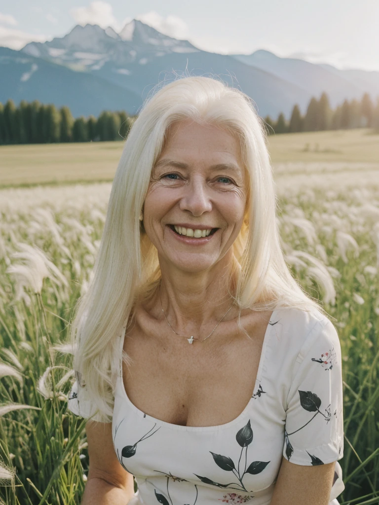 A realistic, photorealistic image of Felicidad, (an 80-year-old Finnish woman), (((white blonde and medium length hair))), smiling and seducing, ((taking a portrait outside a grass field in Switzerland)), (((round face))), (medium straight hair), ((wearing printed black dress)), ((visible breastbones)), (((slim))), ((thin hairline))