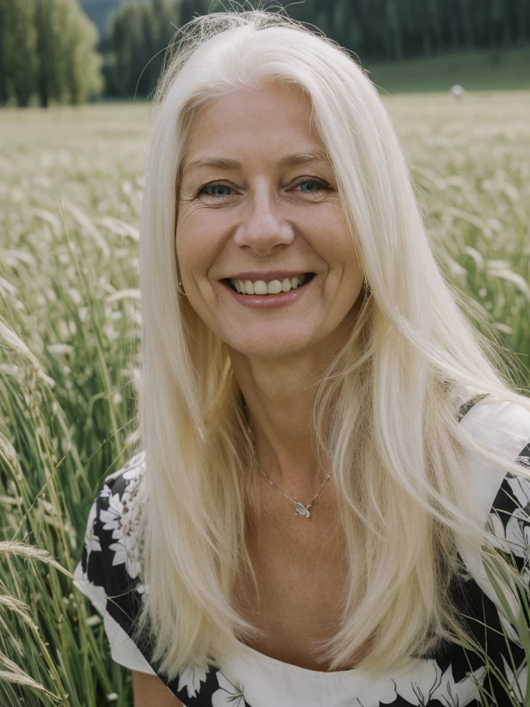 A realistic, photorealistic image of Felicidad, (an 80-year-old Finnish woman), (((white blonde and medium length hair))), smiling and seducing, ((taking a portrait outside a grass field in Switzerland)), (((round face))), (medium straight hair), ((wearing printed black dress)), ((visible breastbones)), (((slim))), ((thin hairline))