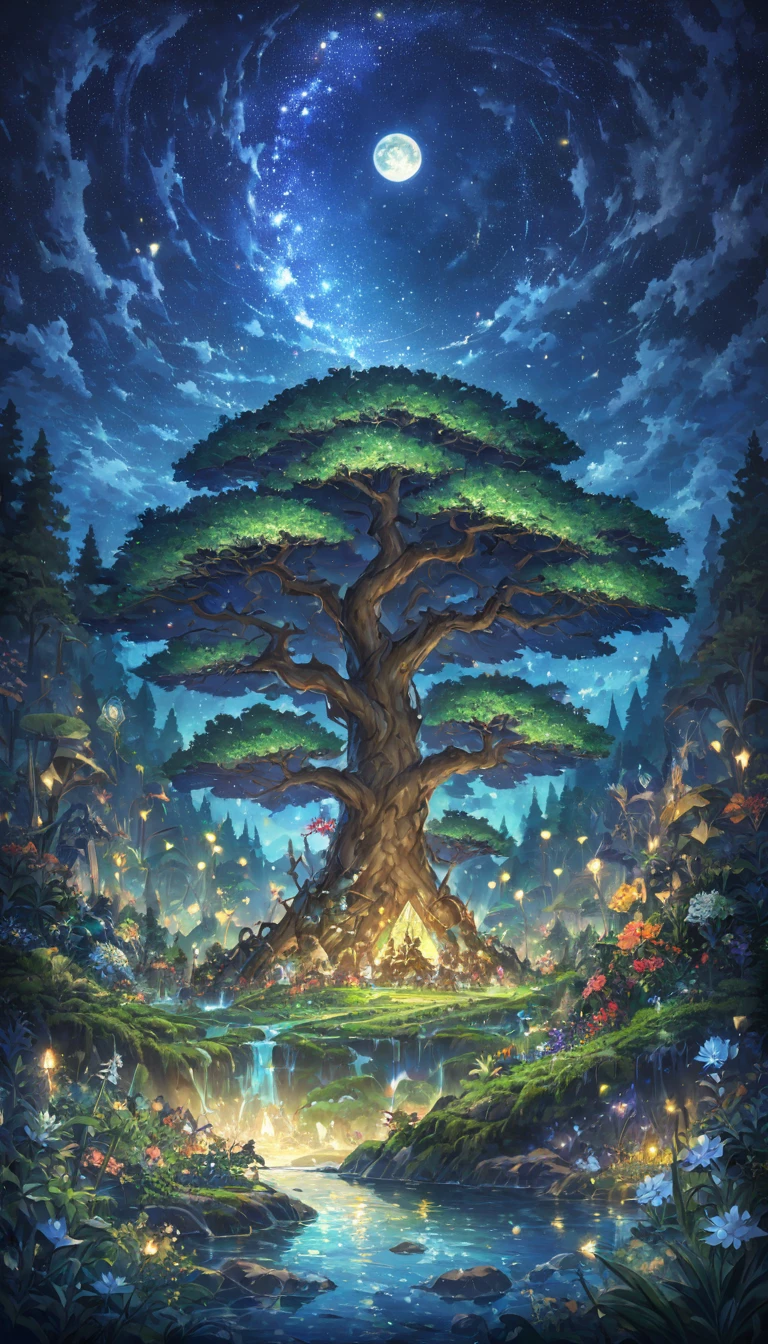 An oil painting style work,It depicts a beautiful fantasy magical plant forest,Starry night sky and a dark mysterious background。In this painting,Glowing lights illuminate the world tree Yggdrasil,The details of the entire scene are very complex and exquisite