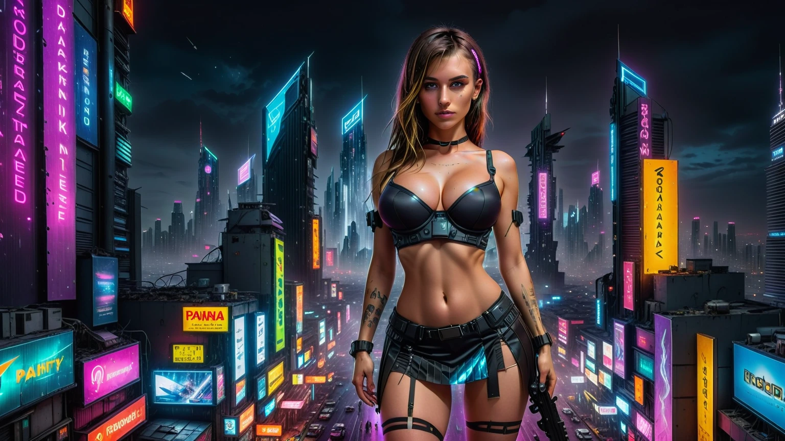 (((aerial view))) image of a cyberpunk cityscape, all-glass towering skyscrapers, a lot of neon lights and holographic billboards, futuristic, high-tech and grunge elements, 1drone. at night, (((1girl, solo))), photo realistic, (large-breast slim body, cleavage), (((full bra top, extreamly short pleated (((miniskirt))) exposing panty))), (((((aiming at camera with a (short gun), (looking at camera)))))), (((((half-body (thigh level) medium shot))))), (cinematic lighting).