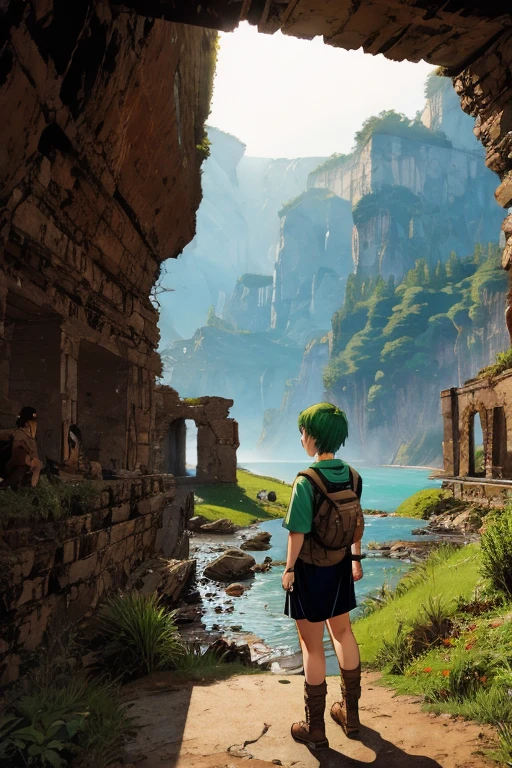 Canyon Taiju Ruins Pickaxe Explorer Explorer Clothes Green Hair Adult Woman Short Hair Ruins Great Lake Absurd Big Sky Expansive Nature