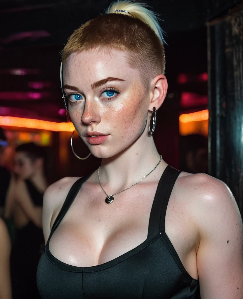 Muscular college girl with large breast and a large butt, blue eyes, pale skin, freckles and a nose piercing with a pink short slicked back men’s haircut with both sides of her head shaved wearing a tight black dress in a night club