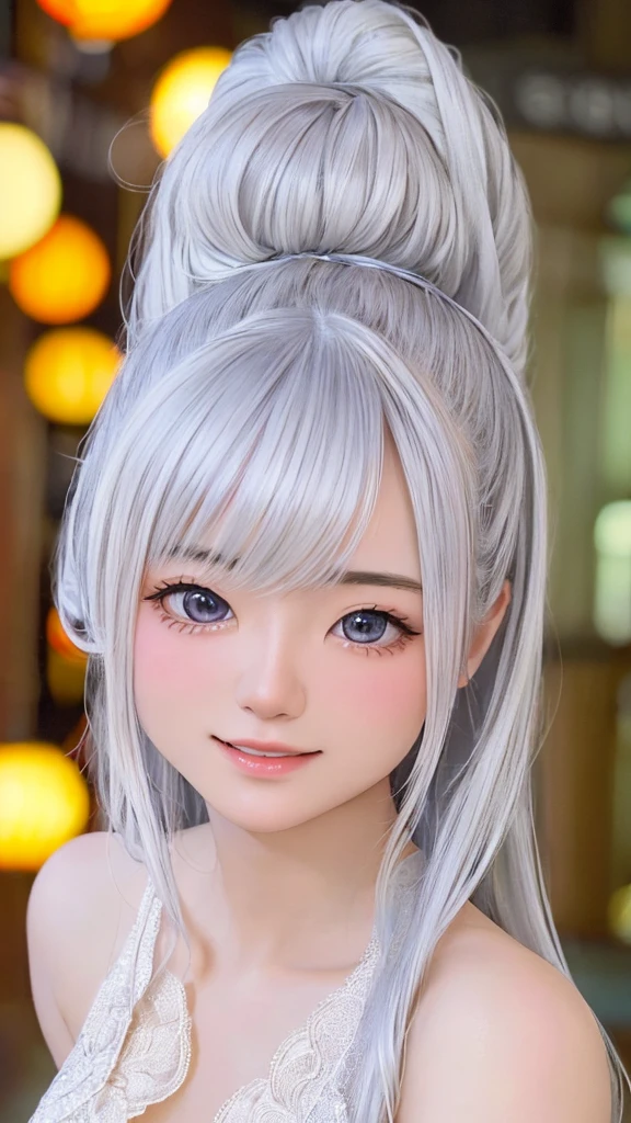 (((Highest quality))),(((Very detailed))),masterpiece,(((Realistic))),(((Photorealistic))),Russia、１men and women、Beautiful silver hair、Natural light、smooth lips、Small Nose、((No makeup))、(((Cute beautiful perfect face at 18 years old)))、Small breasts、Cute pose 、(Smiling Kindly)、((Detailed face)), ((Upper body details)), (Delicate skin), White skin,(Cold colors)、(Highest quality) ,Gion Walk、((Blurred Background))