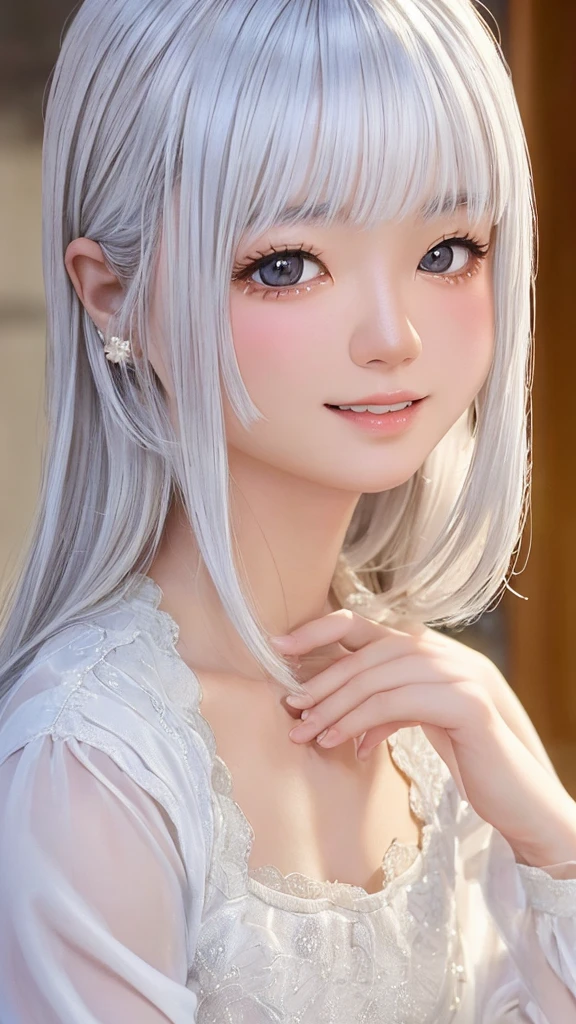 (((Highest quality))),(((Very detailed))),masterpiece,(((Realistic))),(((Photorealistic))),Russia、１men and women、Beautiful silver hair、Natural light、smooth lips、Small Nose、((No makeup))、(((Cute beautiful perfect face at 18 years old)))、Small breasts、Cute pose 、(Smiling Kindly)、((Detailed face)), ((Upper body details)), (Delicate skin), White skin,(Cold colors)、(Highest quality) ,Gion Walk、((Blurred Background))