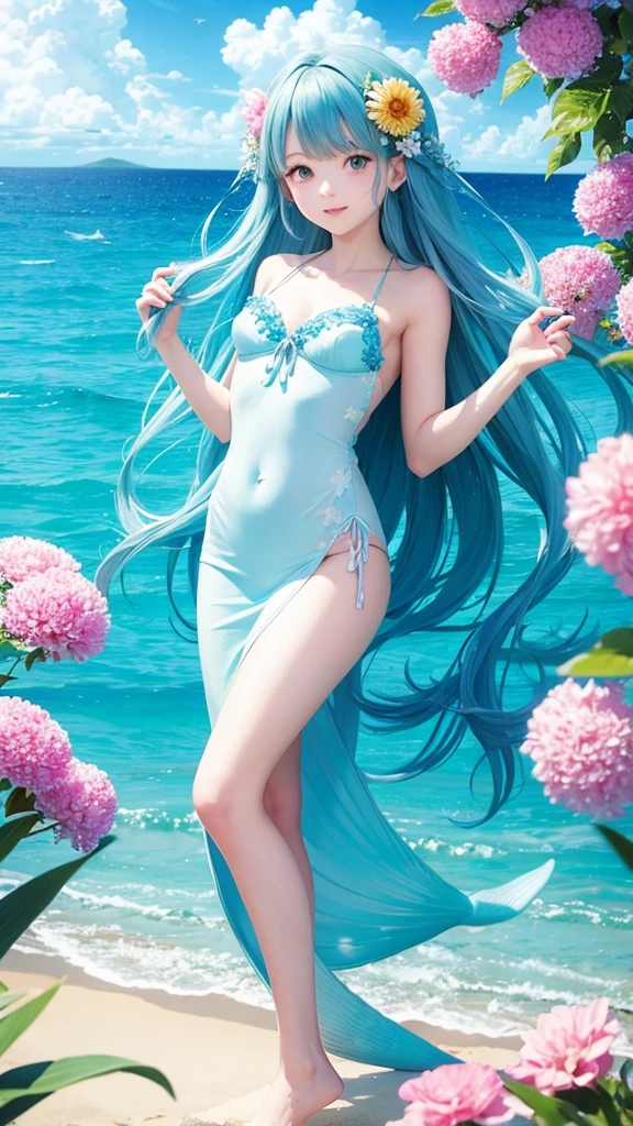 Ocean　mermaid　summer　blue sky　jellyfish　Lots of flowers