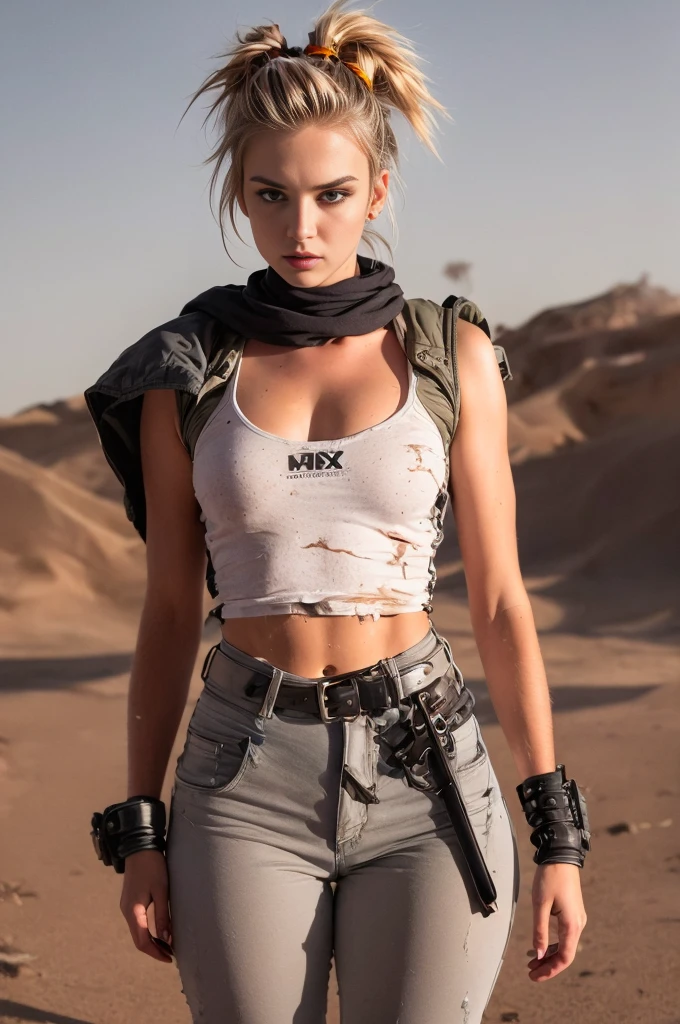 masterpiece, portrait of a beautiful 17 year old Russian  .(TEEN) girls in a post-apocalyptic desert, Punk blonde with short hair, shaved on the sides, grey-blue eyes, very pale skin, highly detailed skin, Cool face, Tense face, Dramatic face, Hard Face, wearing dirty white military pants, wear a white and gray military scarf, wear a winter camouflage military vest in gray and white, wear punk style jewelry, Viking tattoos on skin, Cool Girl, The Killer Girl, Wild Girl, postapocalyptic style, RAW, dramatic lighting, 8 k, Ultra high resolution.Photorealistic, uhd, First phase of XF IQ4, 150 MP, post-apocalyptic desert arid landscape in the background, dirt, dust, rumbles, wreckage, action pose, (Mad Max movie atmosphere:1.2)