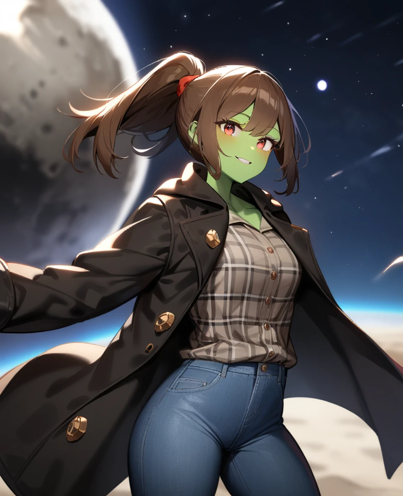 1girl,solo,red eyes,((brown hair:1.5)),ponytail,((light green skin)), very tall, tattered coat, black coat, tan jeans, flannel shirt,cowboy shot,on moon, blue and grey saturn in sky,Science fiction,ultra-detailed,sharp focus,aesthetic,(best quality) smiling