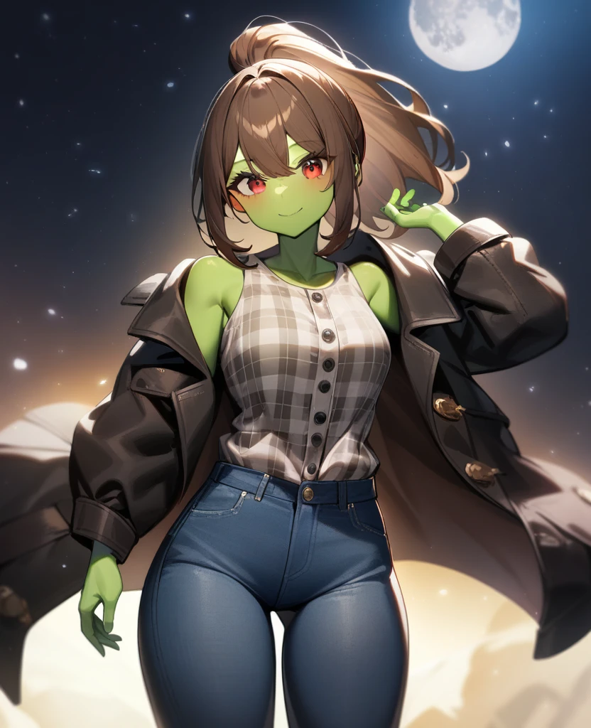 1girl,solo,red eyes,((brown hair:1.5)),ponytail,((light green skin)), very tall, tattered coat, black coat, tan jeans, flannel shirt,cowboy shot,on moon, blue and grey saturn in sky,Science fiction,ultra-detailed,sharp focus,aesthetic,(best quality) smiling