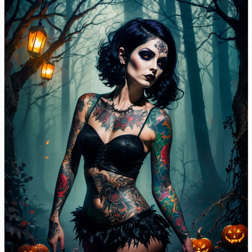A woman tattooed black hair goth, dancing pose, hallowen monsters party, beautiful detailed, full body, pale skin tattooed, naked, night dark forest, creepy, gothic art, halloween, moody lighting, dramatic shadows, high contrast, colorful hallowen colors
