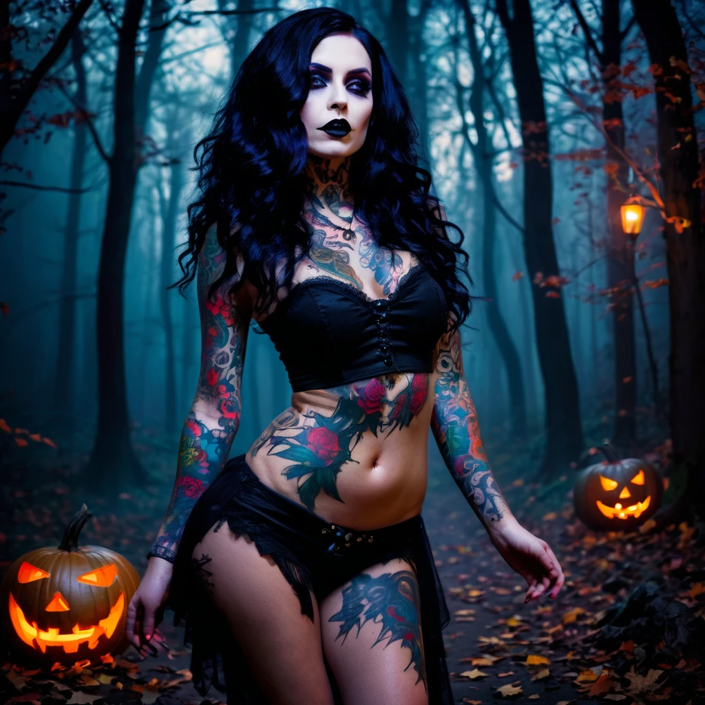 A woman tattooed black hair goth, dancing pose, hallowen monsters party, beautiful detailed, full body, pale skin tattooed, naked, night dark forest, creepy, gothic art, halloween, moody lighting, dramatic shadows, high contrast, colorful hallowen colors
