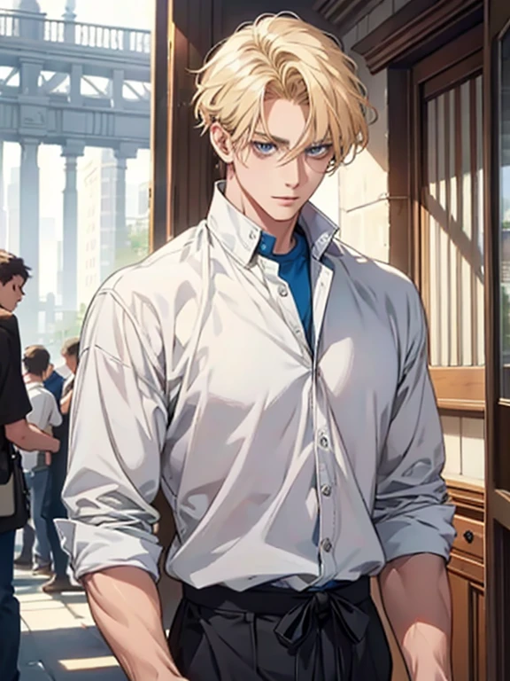 (1 man), solo, detailed eyes, {{{masterpiece}}}, {{{best quality}}}, {{ultra-detailed}}, {illustration}, {detailed eyes}, {detailed light}, {waist up}, subject: [1 male, 30 years old, solo, adult, tall, very handsome, popular, hair (short, blonde), blue eyes, slightly muscular], modern attire (casual clothes, comfortable clothing)