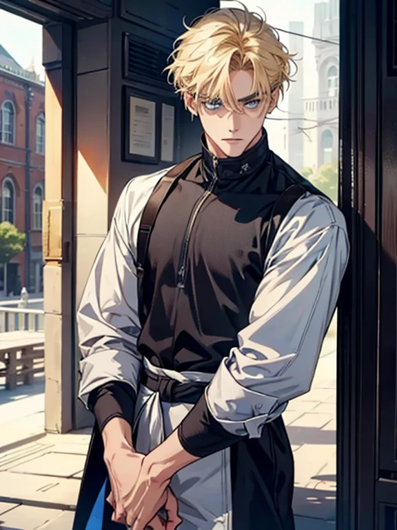 (1 man), solo, detailed eyes, {{{masterpiece}}}, {{{best quality}}}, {{ultra-detailed}}, {illustration}, {detailed eyes}, {detailed light}, {waist up}, subject: [1 male, 30 years old, solo, adult, tall, very handsome, popular, hair (short, blonde), blue eyes, slightly muscular], modern attire (casual clothes, comfortable clothing)