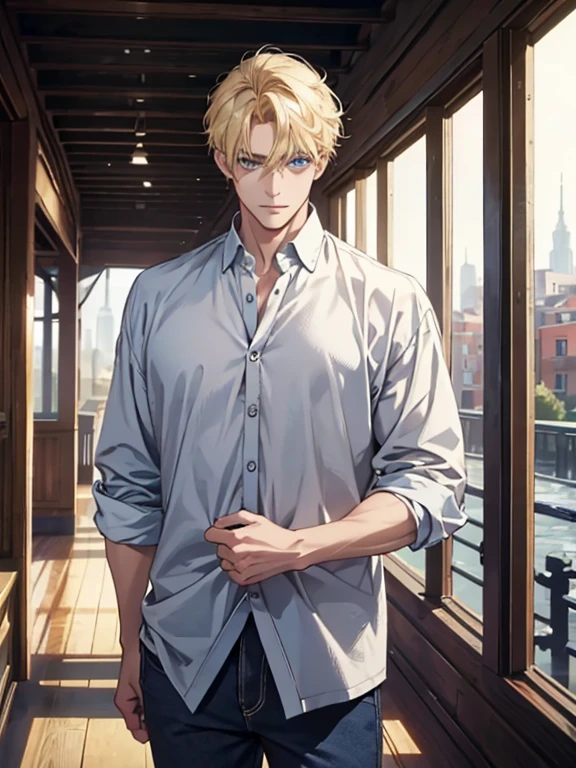 (1 man), solo, detailed eyes, {{{masterpiece}}}, {{{best quality}}}, {{ultra-detailed}}, {illustration}, {detailed eyes}, {detailed light}, {waist up}, subject: [1 male, 30 years old, solo, adult, tall, very handsome, popular, hair (short, blonde), blue eyes, slightly muscular], modern attire (casual clothes, comfortable clothing)