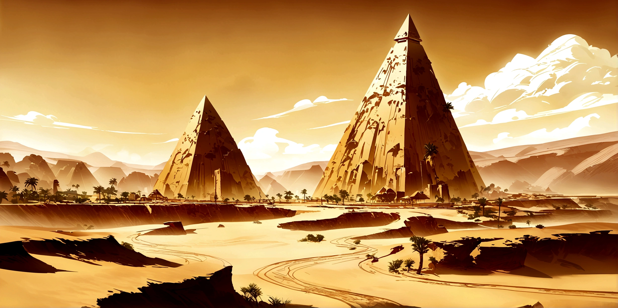 Yellow sand flying in the sky，The background is a vast desert, pyramid，Sphinx，Digital Landscape Art, Detailed scenery —width 672, Landscape Artwork, environment design illustration, Landscape Art Detail, Desert oasis landscape, Concept Art, 4k 高度Detailed numbers艺术, 4K Digital Painting, 4K Digital Painting, Stunning digital illustrations, Desert Background, 数字Concept Art, Detailed numbers