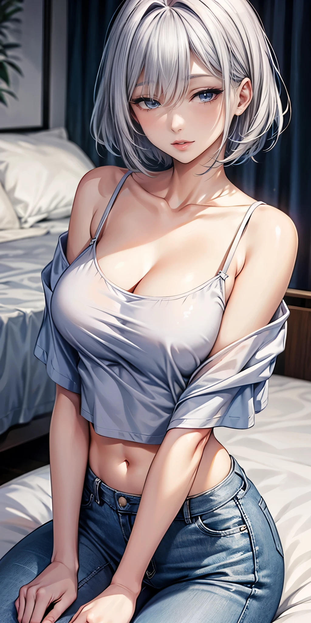  female，silver hair，blue eyes，short camisole，crop shirt，Off shoulders，breast，white，Art， anime，illustration