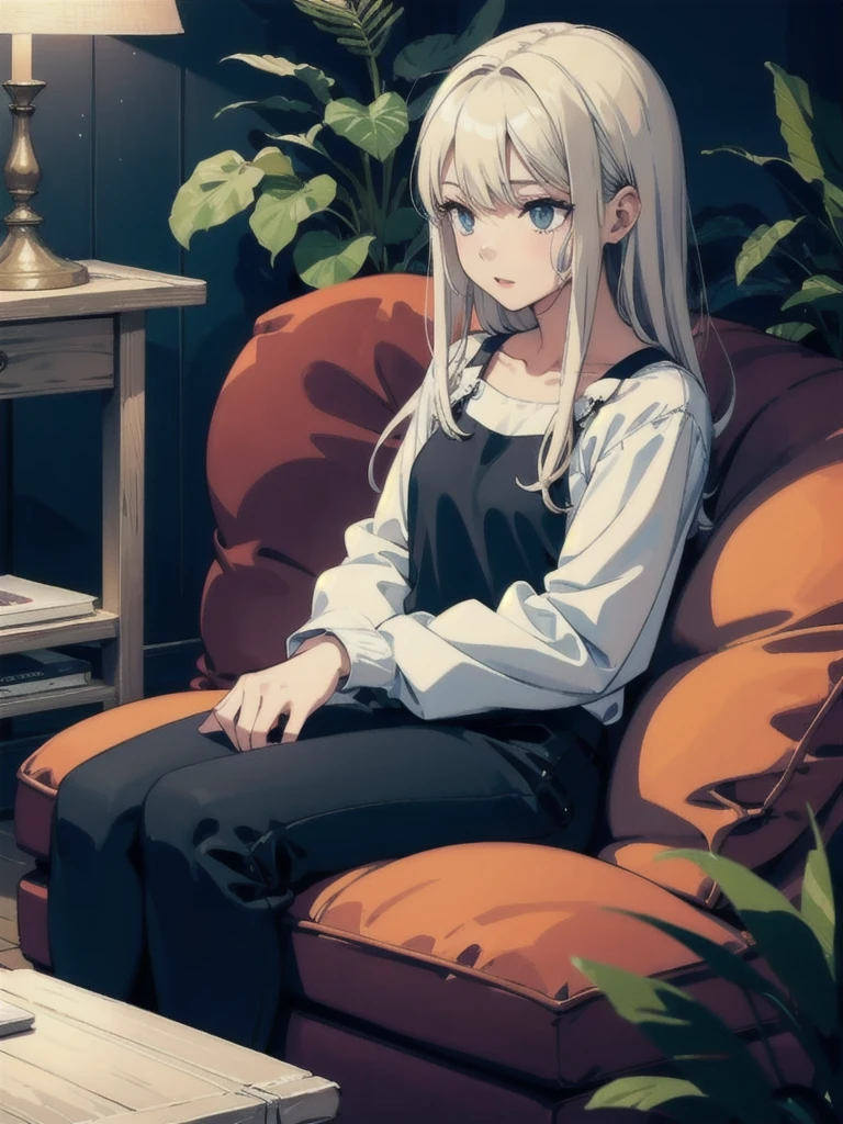 A woman, 20 years, by the wide, by white, honey yellow eyes, small braids in her hair, chest a little big, beautiful body, fearful eyes, shy facial and body expressions, sloppy clothes, full body, sitting in an armchair, view from above