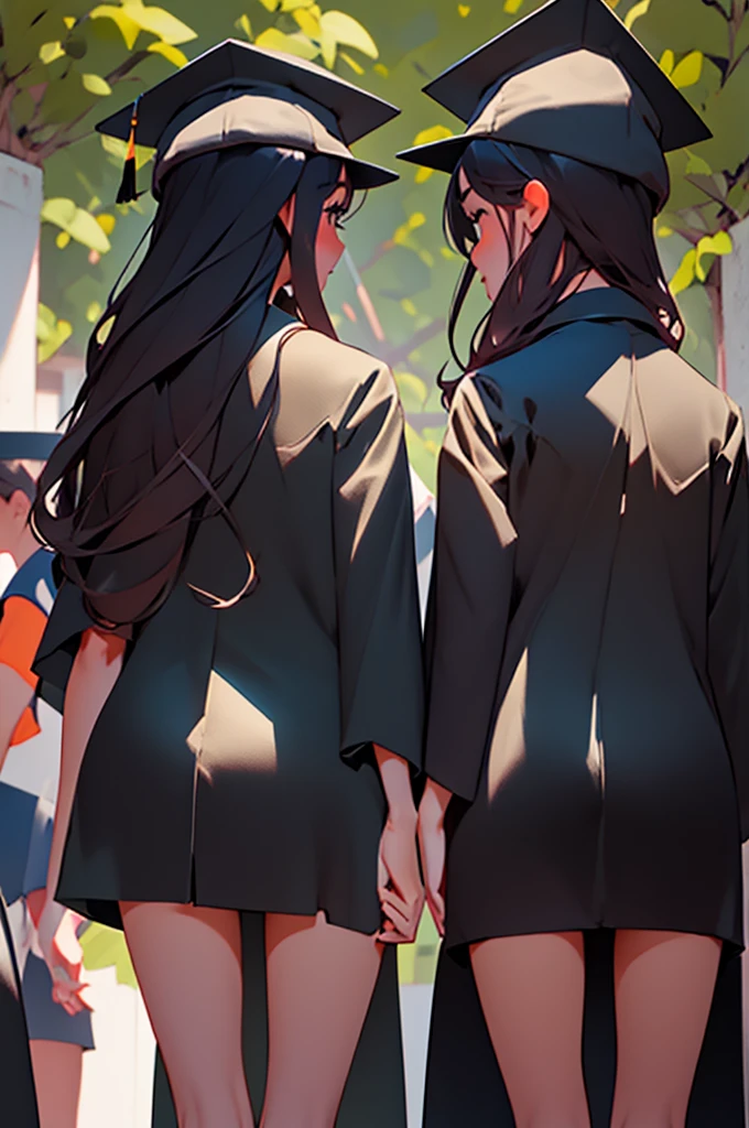 two college girls from behind, in long black graduation gowns and caps, graduating college, college campus, college graduation, illustration