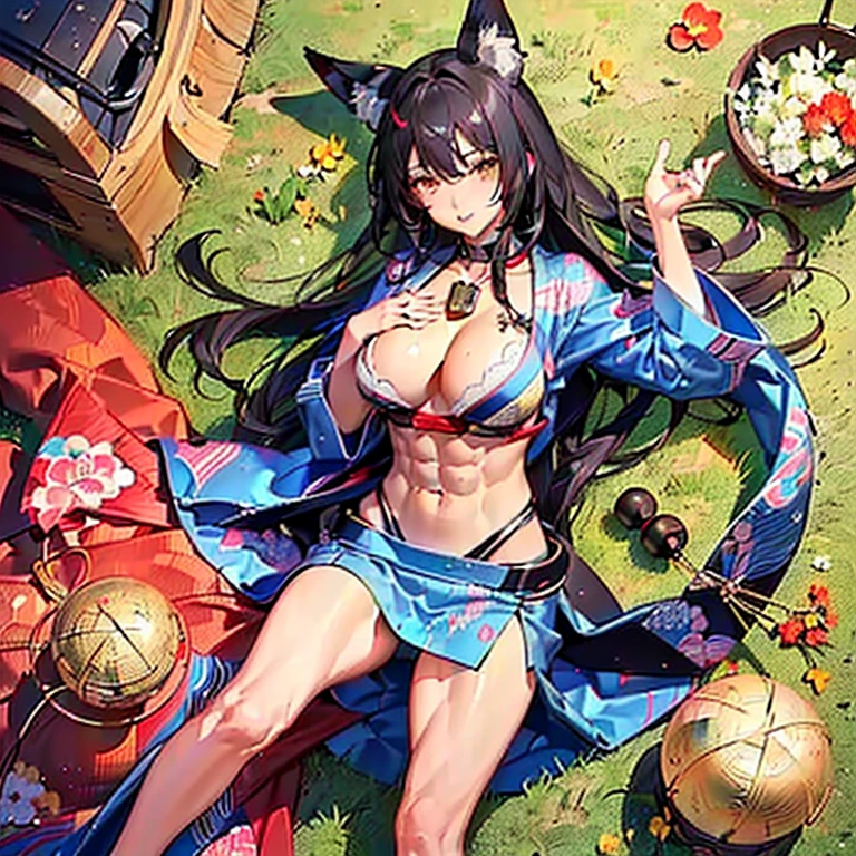 (Fox Girl, Fox Ears, Black colored hair, Fox Makeup, One Girl, Long Hair:1.6), (kimono, Kimono with open chest, A beautiful kimono with red and black patterns, I can see her cleavage, Open chest, Exposed skin:1.8), (Body size is 100-70-90!, Nice body, Big Breasts, Soft breasts, Emphasize cleavage, Knees are slightly visible, Muscular, Abdominal muscles, Grab your own chest:1.9), Avatar, face, lewd face, Dominant representation, naughty face, Uplifting, Skin Texture, outside, Grassy field