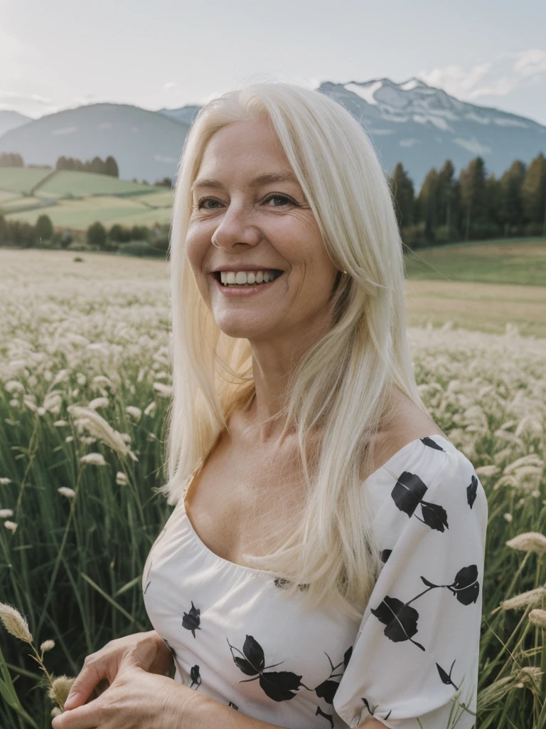 A realistic, photorealistic image of Felicidad, (an 80-year-old Finnish woman), (((white blonde and medium length hair))), smiling and seducing, ((taking a portrait outside a grass field in Switzerland)), (((round face))), (medium straight hair), ((wearing printed black dress)), ((visible breastbones)), (((slim))), ((thin hairline))