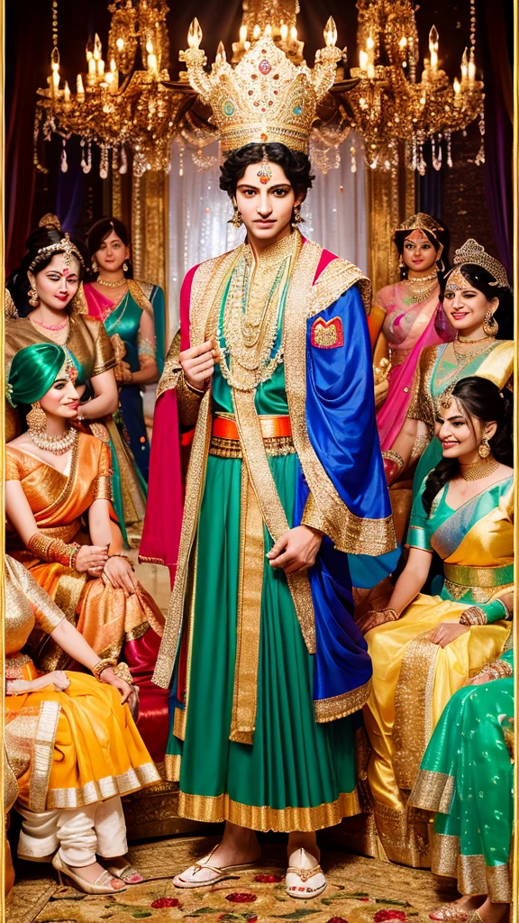 "Create an image of Lord Krishna in his royal attire, surrounded by a large group of women representing his 16,108 wives, all dressed in traditional and colorful Indian attire."