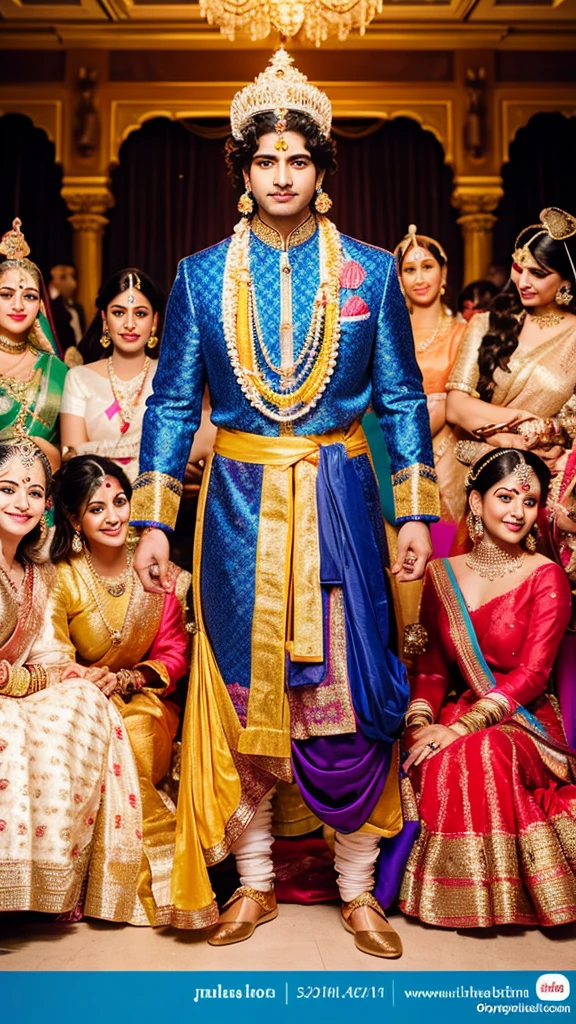 "Create an image of Lord Krishna in his royal attire, surrounded by a large group of women representing his 16,108 wives, all dressed in traditional and colorful Indian attire."